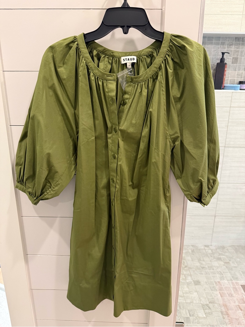 NWT STAUD Olive Green Button-Front Puff Sleeve mini
